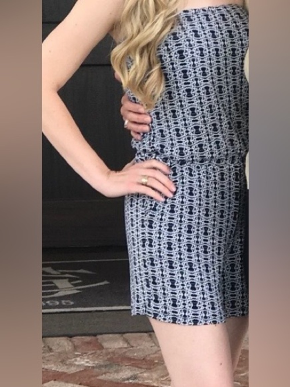CAbi Navy and White Geometric Midi Dress